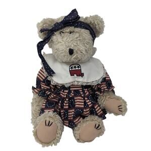 VTG Teddy Bear Plush Patriotic USA Flag Dress Elephant Republican Bib Flaw